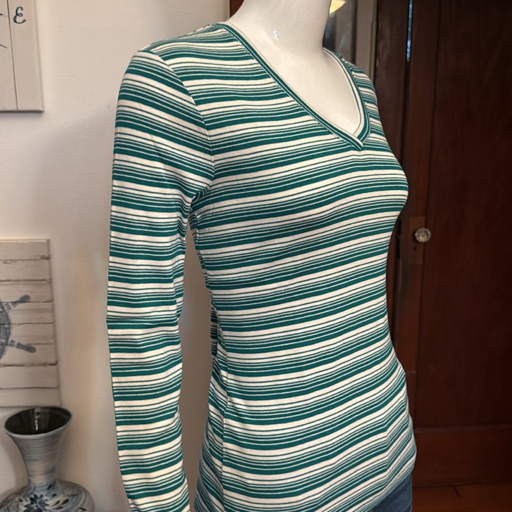 NWT northern reflections size small Striped V-Neck Long Sleeve Green and White